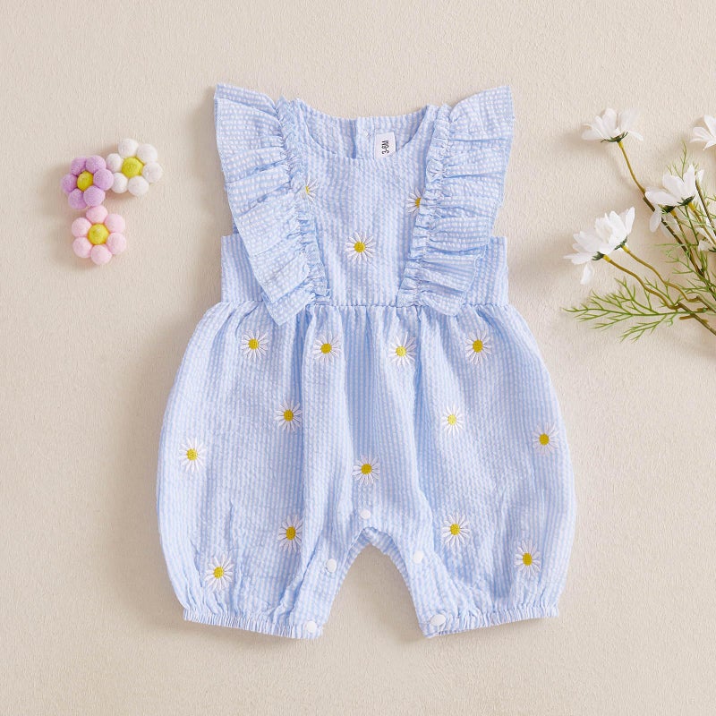FOCUSNORM Newborn Baby Girl Summer Clothes Daisy Flying Sleeve Jumpsuit Romper Ruffle Onesie Infant Outfit 3 6 12 18 Months (Daisy Blue, 3-6 Months) - Image 5
