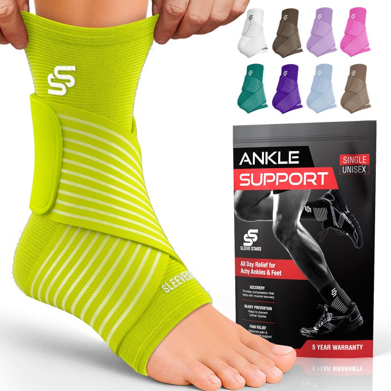 SS SLEEVE STARS Sleeve Stars Ankle Brace for Women Men Ankle Wrap for Sprain Compression Sleeve for Plantar Fasciitis Relief Easy Customizable Support w Removable Strap SingleM1012Neon Green 