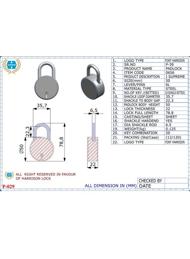 Harrison Padlocks/Round Padlock 50mm 6 Lever with 3 Keys J-SUPREME-0656/ Mild Steel Material/Bright Chrome Polished Finish/Door Lock, Shutter Lock, Godown Lock, gate Lock (Pack of 4, 50MM) - Image 3