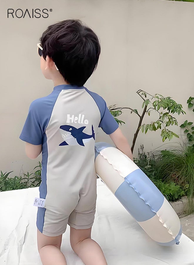 رويس بدلة سباحة للأولاد مع غطاء، ملابس سباحة من قطعة واحدة للأطفال الصغار مع سحاب أمامي، بدلة سباحة واقية من الطفح سريعة الجفاف مع نقوش رائعة - Image 3