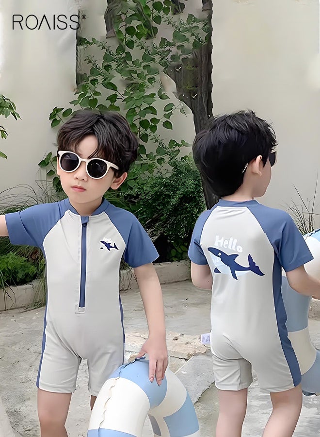 رويس بدلة سباحة للأولاد مع غطاء، ملابس سباحة من قطعة واحدة للأطفال الصغار مع سحاب أمامي، بدلة سباحة واقية من الطفح سريعة الجفاف مع نقوش رائعة - Image 4