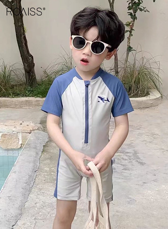 رويس بدلة سباحة للأولاد مع غطاء، ملابس سباحة من قطعة واحدة للأطفال الصغار مع سحاب أمامي، بدلة سباحة واقية من الطفح سريعة الجفاف مع نقوش رائعة - Image 2