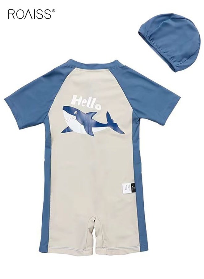 رويس بدلة سباحة للأولاد مع غطاء، ملابس سباحة من قطعة واحدة للأطفال الصغار مع سحاب أمامي، بدلة سباحة واقية من الطفح سريعة الجفاف مع نقوش رائعة - Image 1