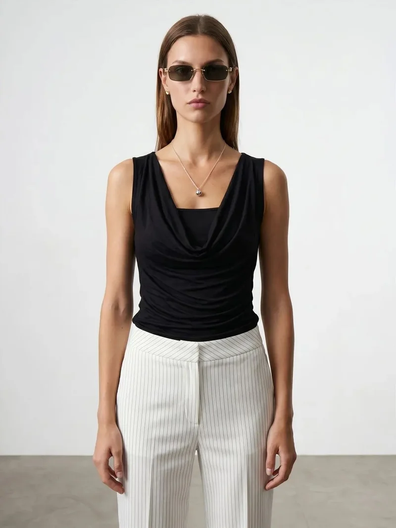 ديلفين Dilvin Sleeveless Cowl Neck Jersey Blouse