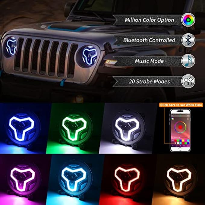 ريحني مصابيح أمامية Jl مقاس 9 بوصات RGB مع هالة بيضاء متعددة الوظائف DRL لسيارة Jeep Wrangler Jl Sahara Rubicon 2018-2023 Gladiator Jt - Image 4