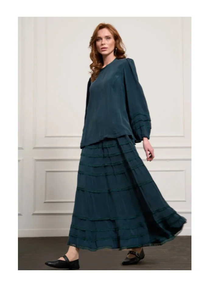 MissWhence Lace-Trimmed Cupro Blouse and Maxi Skirt Set - Emerald