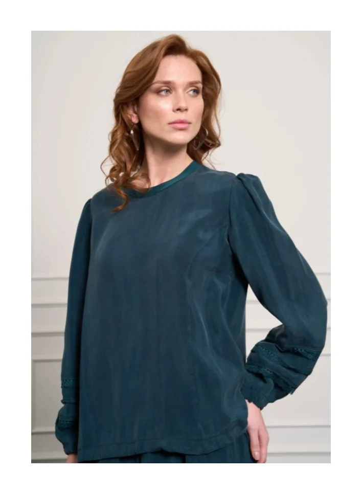 MissWhence Lace-Trimmed Cupro Blouse and Maxi Skirt Set - Emerald
