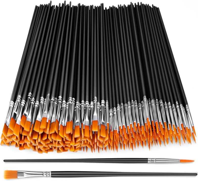 AROIC Small Paint Brushes Bulk200 Pcs Black Nylon Hair Paint Brushes with Flat and Round Pointed Acrylic Paint Brush Kitscraft paint brushes for oil watercolor Face Artist And Kids Professional Kits