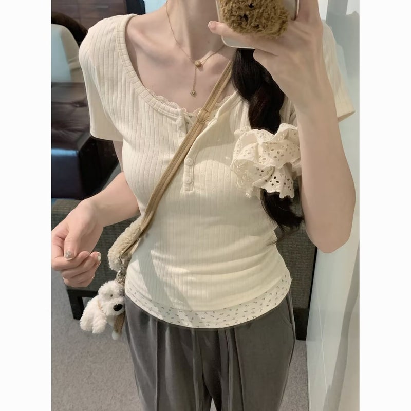 تي شيرت قصير الأكمام للنساء بأسلوب كوري صيفي ضيق يناسب الفتيات، تي شيرت مزيف من قطعتين بأكمام نصفية - Image 1