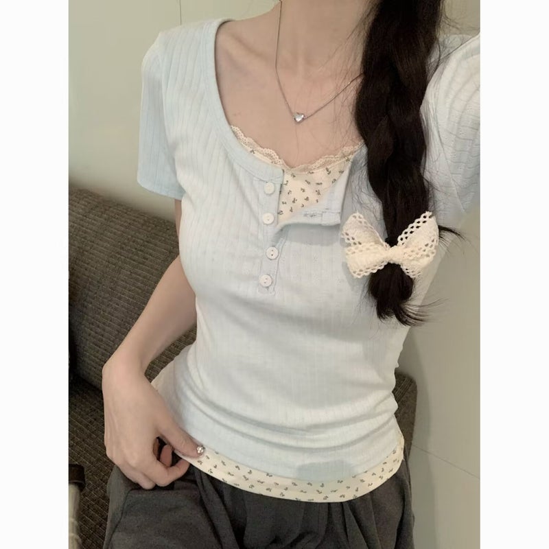 تي شيرت قصير الأكمام للنساء بأسلوب كوري صيفي ضيق يناسب الفتيات، تي شيرت مزيف من قطعتين بأكمام نصفية - Image 2