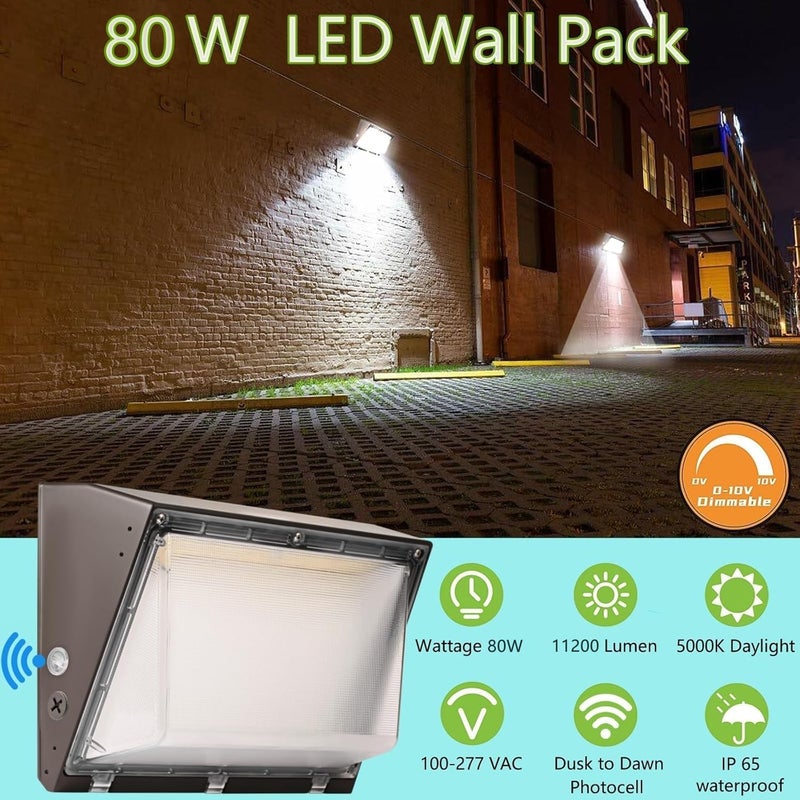 WHLED Dimmable 80W LED Wall Pack Light with Dusk to Dawn Photocell, 100-277V 11200LM 400-600W HPS/HID Equiv., 5000K Daylight Outdoor Security Lighting, UL Commercial Wall Mount Lights for Warehouse - Image 2