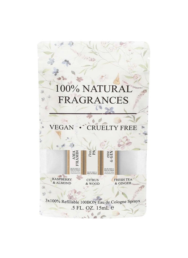 100 BON - 100BON 100 Natural Fragrances Vegan Cruelty Free Refillable Cologne Sprays Set 3 x 05 fl oz  Raspberry  Almond Citrus  Wood Fresh Tea  Ginger - Image 1