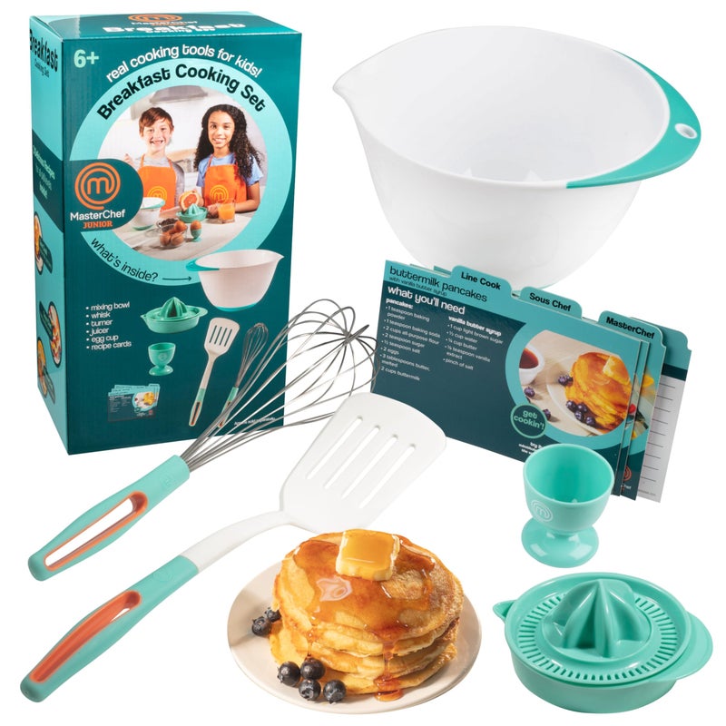 MasterChef Junior Breakfast Cooking Set- 6 Pc Holiday Kit w Real Cooking Tools for Kids & Recipes- Includes Spatula, Mixing Bowl, Whisk, Egg Cup, Juicer- Make Pancakes, Crepes & More - Image 1