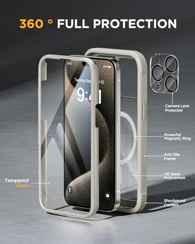 Miracase Magnetic for iPhone 15 Pro Case [Compatible with MagSafe] Full-Body Phone case with Built-in Glass Screen Protector& Camera Protector, Military Drop Proof 15 Pro Cover,Titan - Image 2