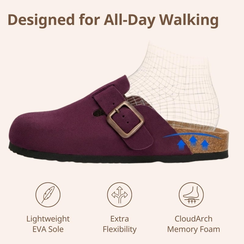 Trary Suede Clogs for Women Potato Shoes with Cork Footbed Memory Foam Clogs Comfortable Slip On Women's Mules Burgundy Size 8 - Image 4