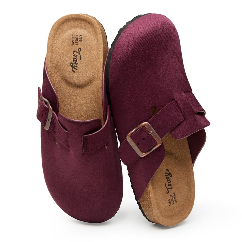 Trary Suede Clogs for Women Potato Shoes with Cork Footbed Memory Foam Clogs Comfortable Slip On Women's Mules Burgundy Size 8 - Image 1