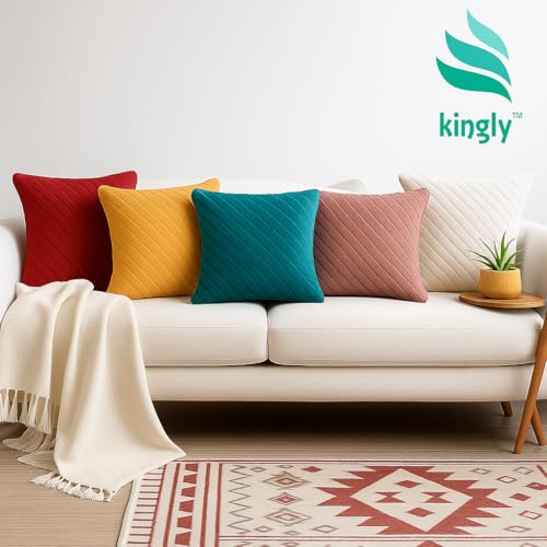 KINGLY Premium Quilted Velvet Decorative Throw Pillow Covers – Set of 5 (16x16 inch) – Elite Pastel Combo – Machine Washable, Hidden Zipper – Home Decor - Image 1