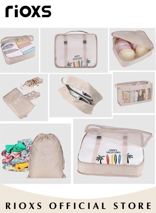 RIOXS 7Pcs Packing Cubes for Storage Luggage Packing Cube Organizer Travel Packing Cubes Set Clothes Shoes Storage Travel Organizer Bags for Luggage, Basics Packing Cubes for Suitcases, Zipper, 7-Piece Set Bags, Beige - Image 4