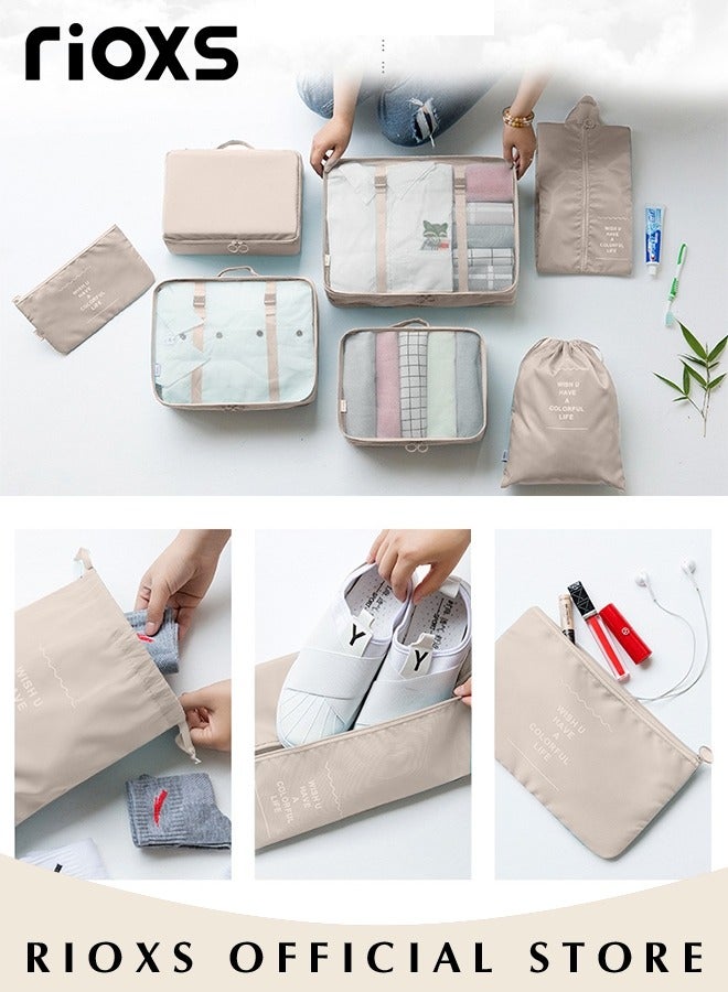 RIOXS 7Pcs Packing Cubes for Storage Luggage Packing Cube Organizer Travel Packing Cubes Set Clothes Shoes Storage Travel Organizer Bags for Luggage, Basics Packing Cubes for Suitcases, Zipper, 7-Piece Set Bags, Beige - Image 3