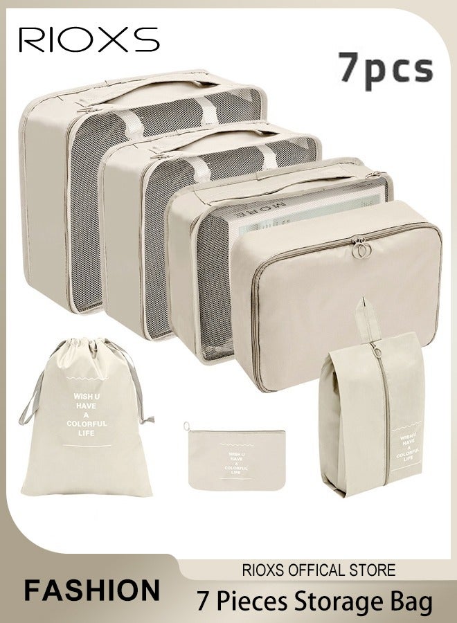 RIOXS 7Pcs Packing Cubes for Storage Luggage Packing Cube Organizer Travel Packing Cubes Set Clothes Shoes Storage Travel Organizer Bags for Luggage, Basics Packing Cubes for Suitcases, Zipper, 7-Piece Set Bags, Beige - Image 1