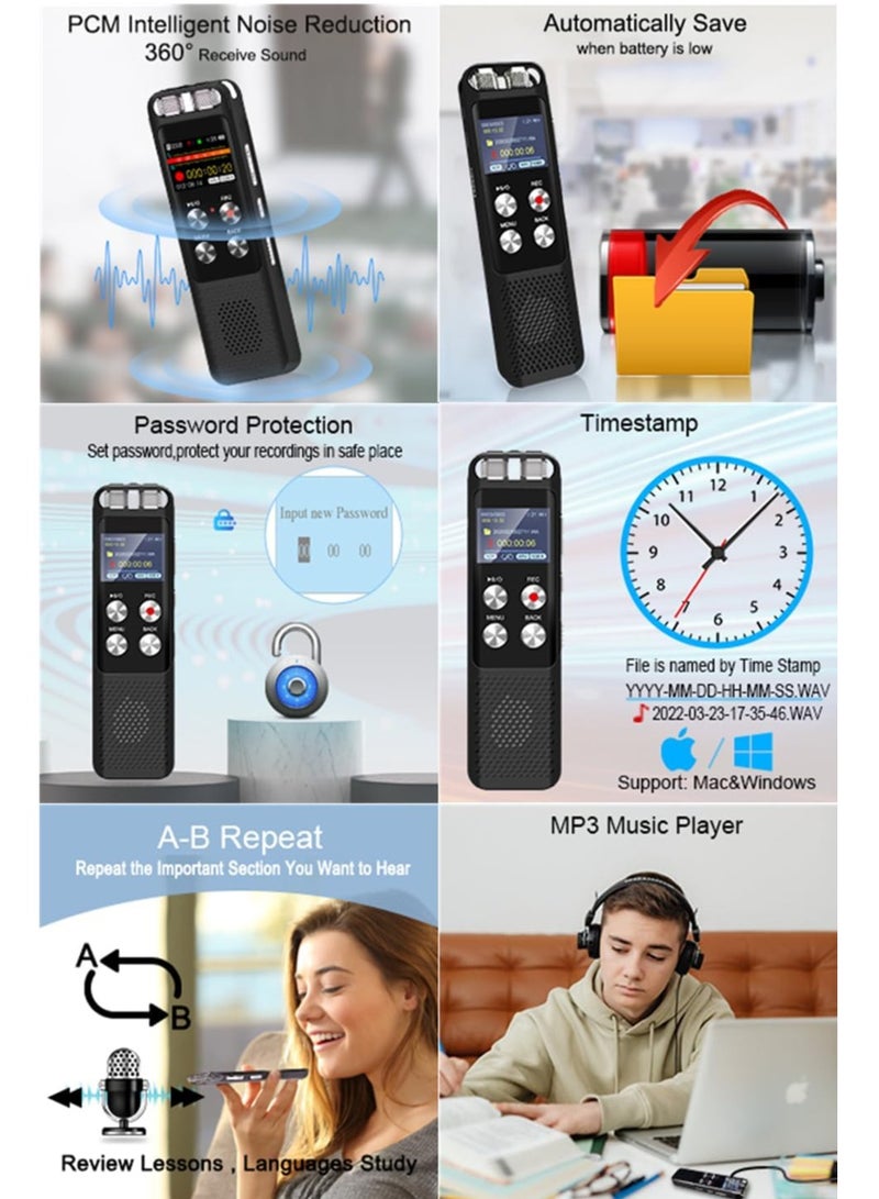 72GB Digital Voice Recorder Voice Activated Recorders with Playback Audio Recording Device with Clip-on Microphone for Lectures Meetings Dictaphone Sound Portable Tape Recorder with Password