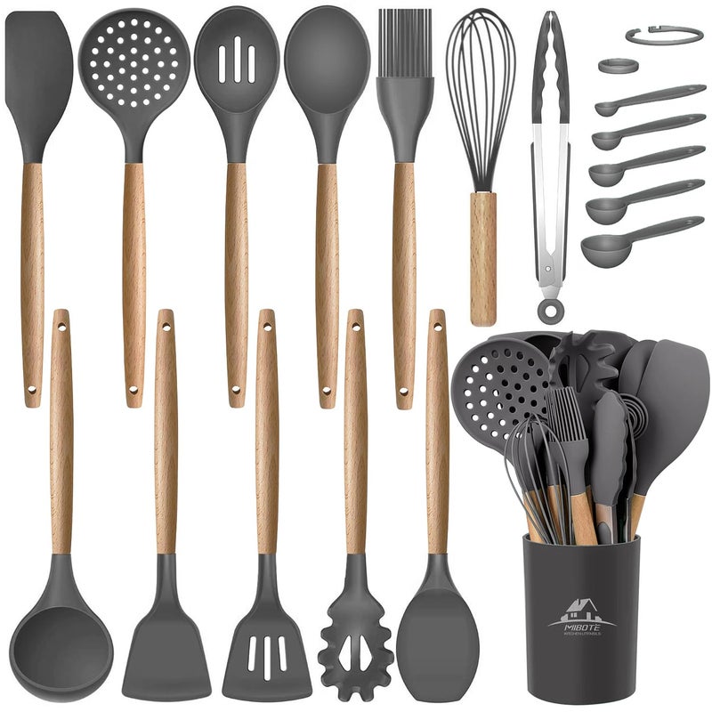 MIBOTE 17 Pcs Silicone Cooking Kitchen Utensils Set with Holder Wooden Handles Silicone Turner Tongs Spatula Spoon Kitchen Gadgets Utensil Set for Nonstick Cookware Grey
