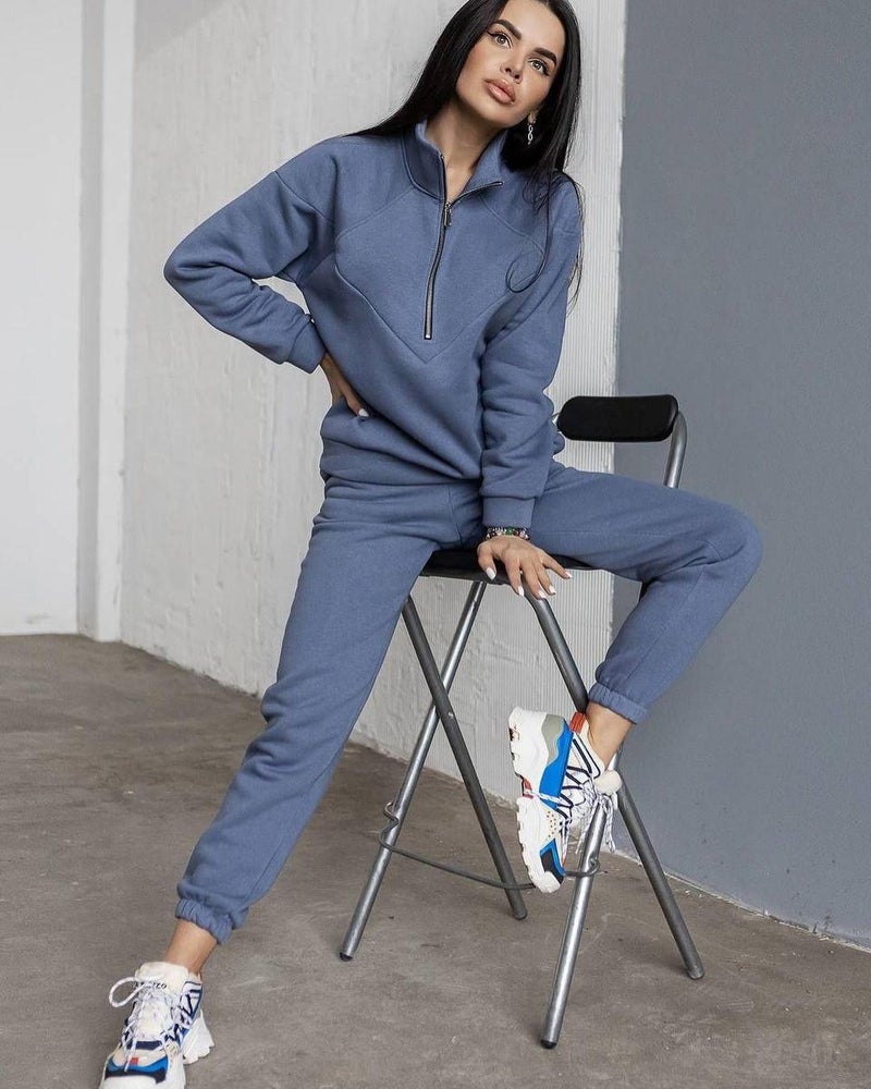 2023 cross-border spring and autumn fashion casual hooded sweater two-piece long sleeve solid color fleece skinny casual suit Sea Blue - Image 1