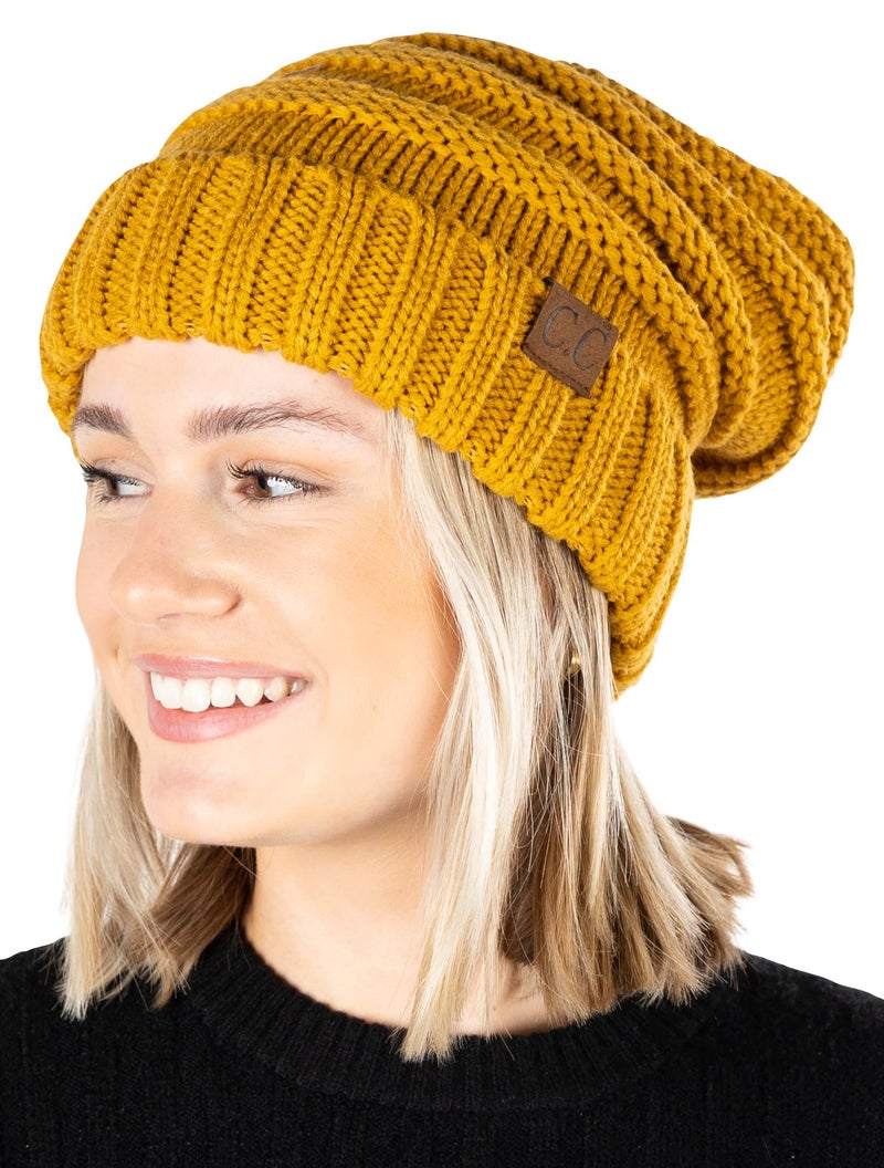 Funky Junque Slouchy Beanie for Women – Warm Winter Hat, Soft Chunky Cable Knit Oversized Slouch Beanies for Cold Weather, Cozy Stylish Fashion Hats - Mustard - Image 1