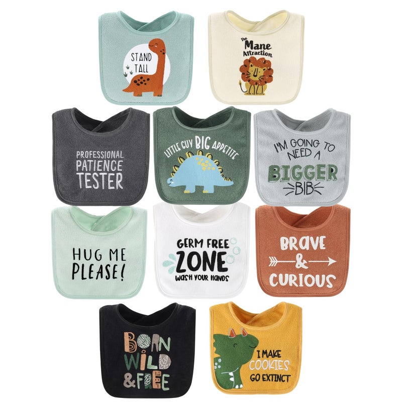 The Peanut Shell The Peanutshell Baby Boy Terry Bibs Set of 10-100% Cotton, Soft, Absorbent Baby Bibs, Toddler Boy Set, Newborn & Infant Bib - Dinosaur - Image 1