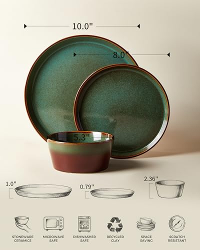 Pokini Plates and Bowls Sets for 4, Ceramic Dinnerware Sets, Kitchen Dish Set, Microwave & Dishwasher Safe Dishware, Highly Durable Hand Glazed Dinner Set, Brown Green - Image 2