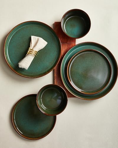 Pokini Plates and Bowls Sets for 4, Ceramic Dinnerware Sets, Kitchen Dish Set, Microwave & Dishwasher Safe Dishware, Highly Durable Hand Glazed Dinner Set, Brown Green - Image 4