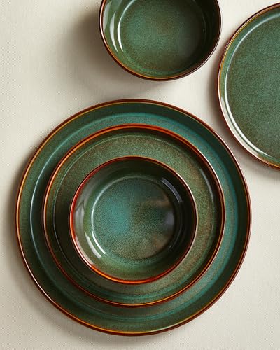 Pokini Plates and Bowls Sets for 4, Ceramic Dinnerware Sets, Kitchen Dish Set, Microwave & Dishwasher Safe Dishware, Highly Durable Hand Glazed Dinner Set, Brown Green - Image 3