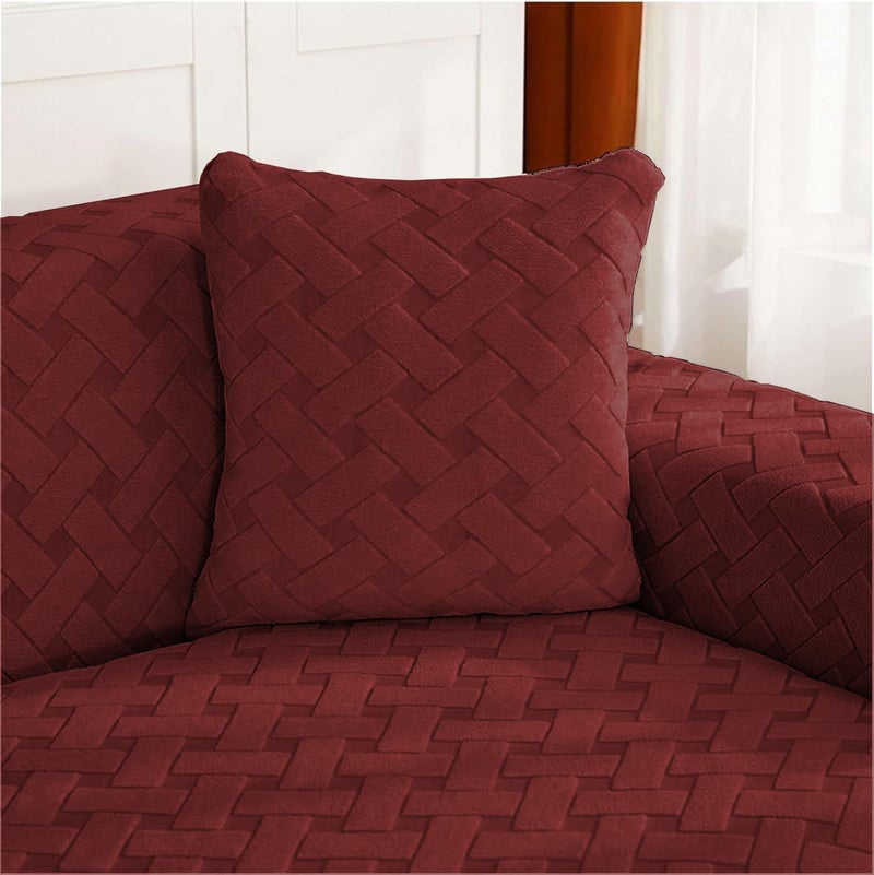 Lukzer غطاء أريكة جاكار عالمي 5 مقاعد 311 مع 2 غطاء وسادة لمسة ناعمة مرنة قابلة للتمدد لون مارون عميق بتصميم سلة SC11605 220GSM - Image 3