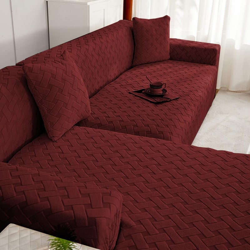 Lukzer غطاء أريكة جاكار عالمي 5 مقاعد 311 مع 2 غطاء وسادة لمسة ناعمة مرنة قابلة للتمدد لون مارون عميق بتصميم سلة SC11605 220GSM - Image 5