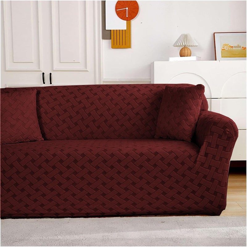 Lukzer غطاء أريكة جاكار عالمي 5 مقاعد 311 مع 2 غطاء وسادة لمسة ناعمة مرنة قابلة للتمدد لون مارون عميق بتصميم سلة SC11605 220GSM - Image 2