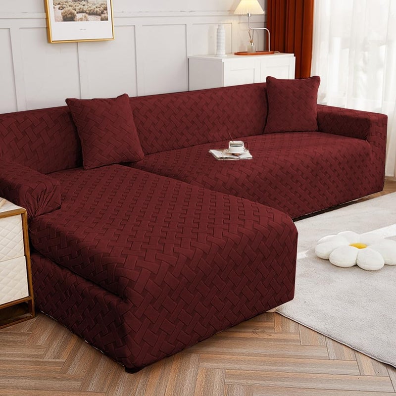 Lukzer غطاء أريكة جاكار عالمي 5 مقاعد 311 مع 2 غطاء وسادة لمسة ناعمة مرنة قابلة للتمدد لون مارون عميق بتصميم سلة SC11605 220GSM - Image 4