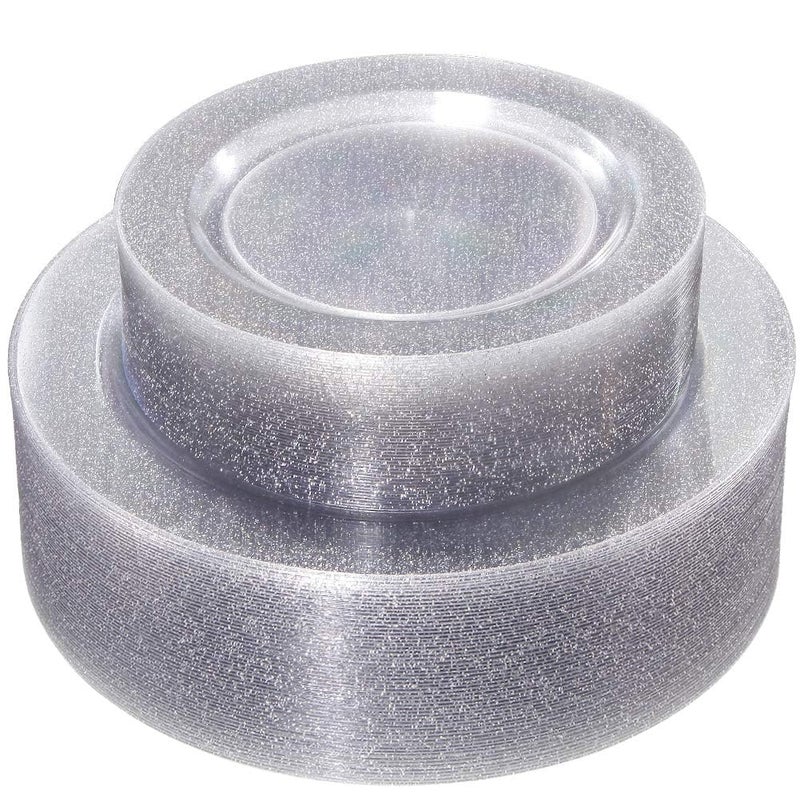 WDF 120PCS Silver Plastic Plates- Disposable Silver Glitter Plates  Premium Heavy Duty 60-10.25"" Dinner Plates and 60-7.5"" Salad Plates for Parties &Wedding - Image 1