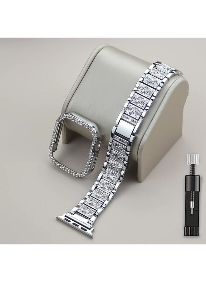 Silver Metal Rhinestone Strap and Bumper Case for Apple Watch 45mm Series SE 10 9 8 7 6 5 4 - Image 1
