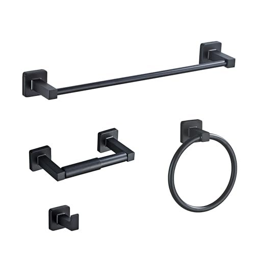 bluebyrne Matte Black Bathroom Hardware Set 4 Pieces,Towel Bar Set Stainless Steel Wall Mounted, Includes 16In Hand Towel Bar, Towel Ring, Robe Towel Hooks,Toilet Paper Holder, Bathroom Towel Rack Set - Image 1