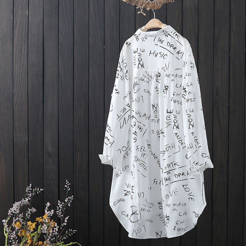 Chiffon Shirt Sunscreen Womens Mid-Length 2023 New Letter Printing Fashion All-Match Outer Wear Shirt Thin Coat Green - Image 3