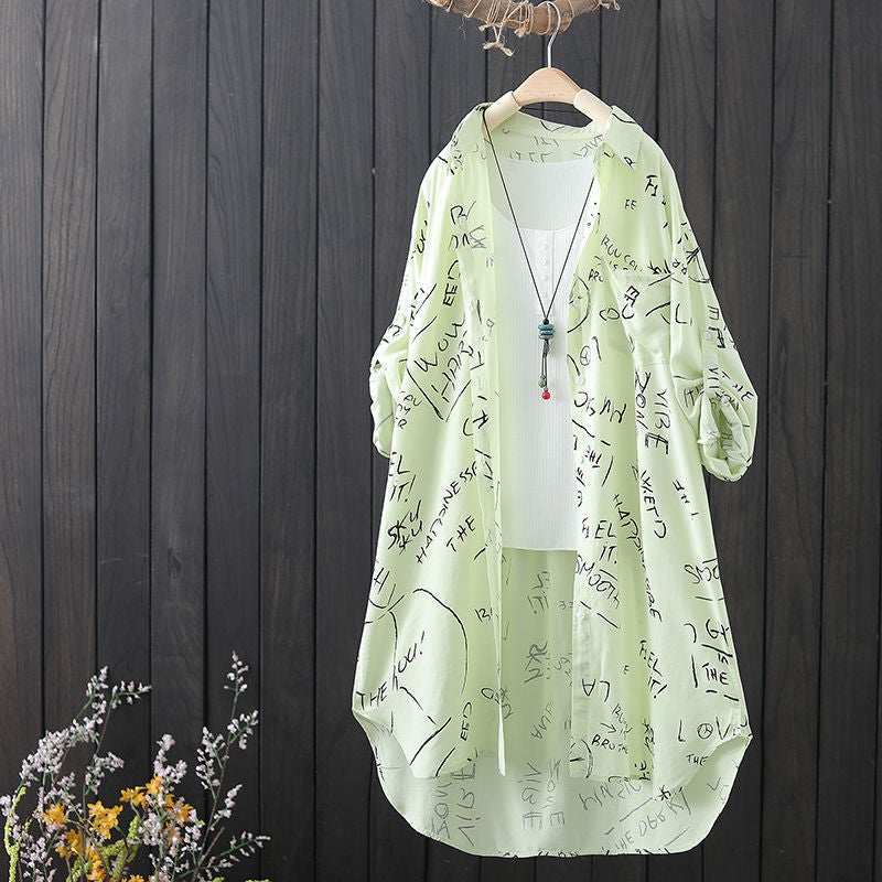 Chiffon Shirt Sunscreen Womens Mid-Length 2023 New Letter Printing Fashion All-Match Outer Wear Shirt Thin Coat Green - Image 1