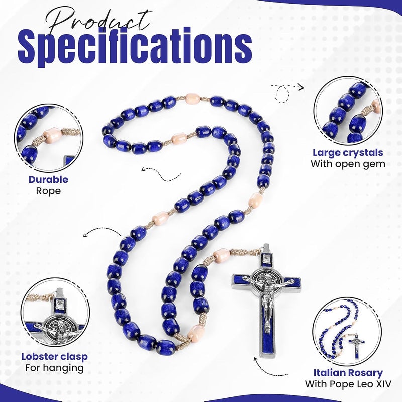 SANCTUM VERITAS Genuine Made in Italy Catholic Rosary Necklace with Saint Benedict Cross - Blue - Image 4