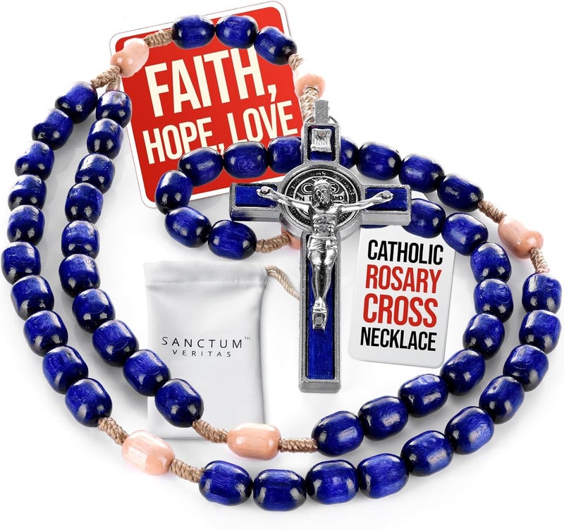 SANCTUM VERITAS Genuine Made in Italy Catholic Rosary Necklace with Saint Benedict Cross - Blue - Image 1