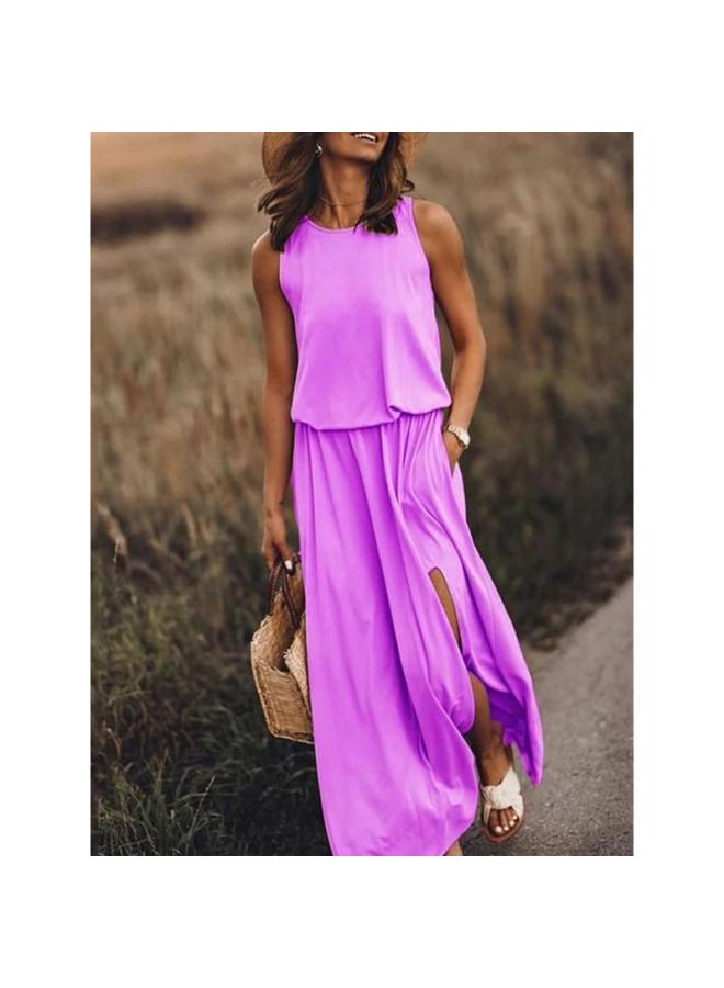 New Summer European And American Simple Women's Clothing Comfortable 8 Color Round Neck Sleeveless Split Solid Color Dress