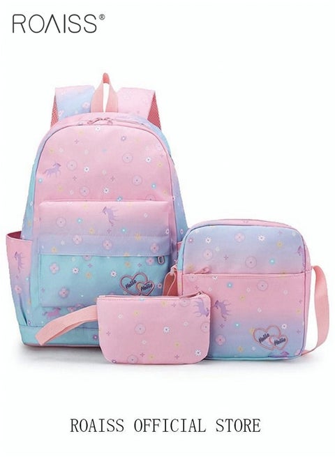 3 PCS Children's Backpack Sets Printed Graphic Cute Student Backpack Set Functional Large Capacity School Bag Set for Kids Girls(Schoolbag+Shoulder Bag+Pencil Case)Blue Pink Fade Color Waterproof Bag