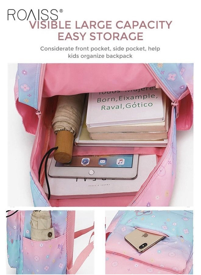 roaiss 3PCS Children's Backpack Sets Printed Graphic Cute Student Backpack Set Functional Large Capacity School Bag Set for Kids Girls(Schoolbag+Shoulder Bag+Pencil Case)Blue Pink Fade Color  - Image 4
