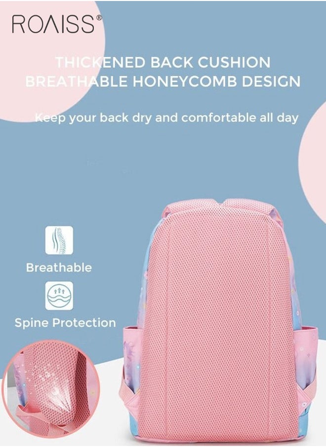 roaiss 3PCS Children's Backpack Sets Printed Graphic Cute Student Backpack Set Functional Large Capacity School Bag Set for Kids Girls(Schoolbag+Shoulder Bag+Pencil Case)Blue Pink Fade Color  - Image 5
