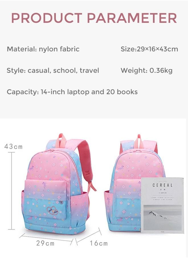 roaiss - 3PCS Children's Backpack Sets Printed Graphic Cute Student Backpack Set Functional Large Capacity School Bag Set for Kids Girls(Schoolbag+Shoulder Bag+Pencil Case)Blue Pink Fade Color - Image 1