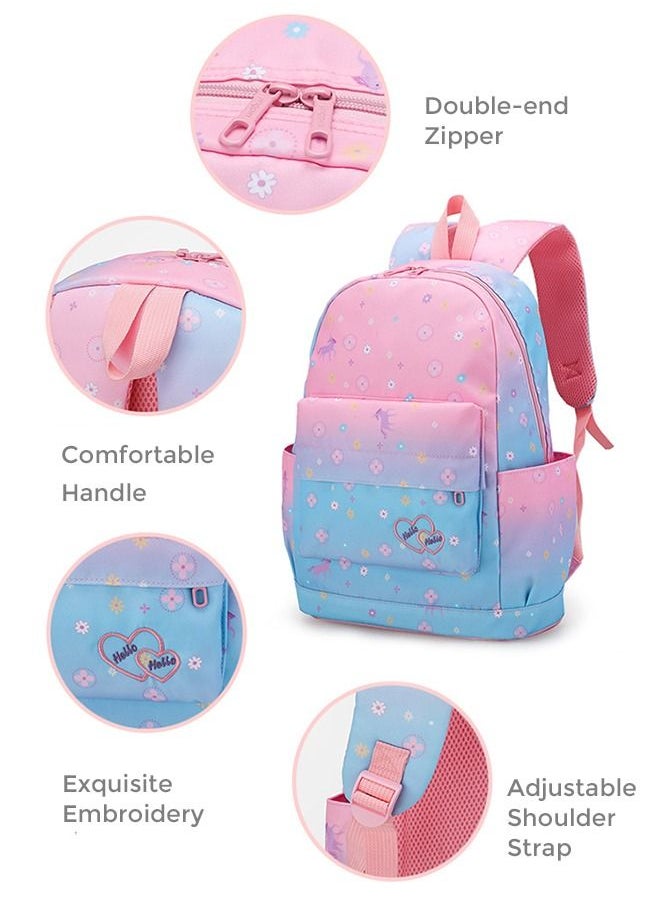 roaiss - 3PCS Children's Backpack Sets Printed Graphic Cute Student Backpack Set Functional Large Capacity School Bag Set for Kids Girls(Schoolbag+Shoulder Bag+Pencil Case)Blue Pink Fade Color - Image 1