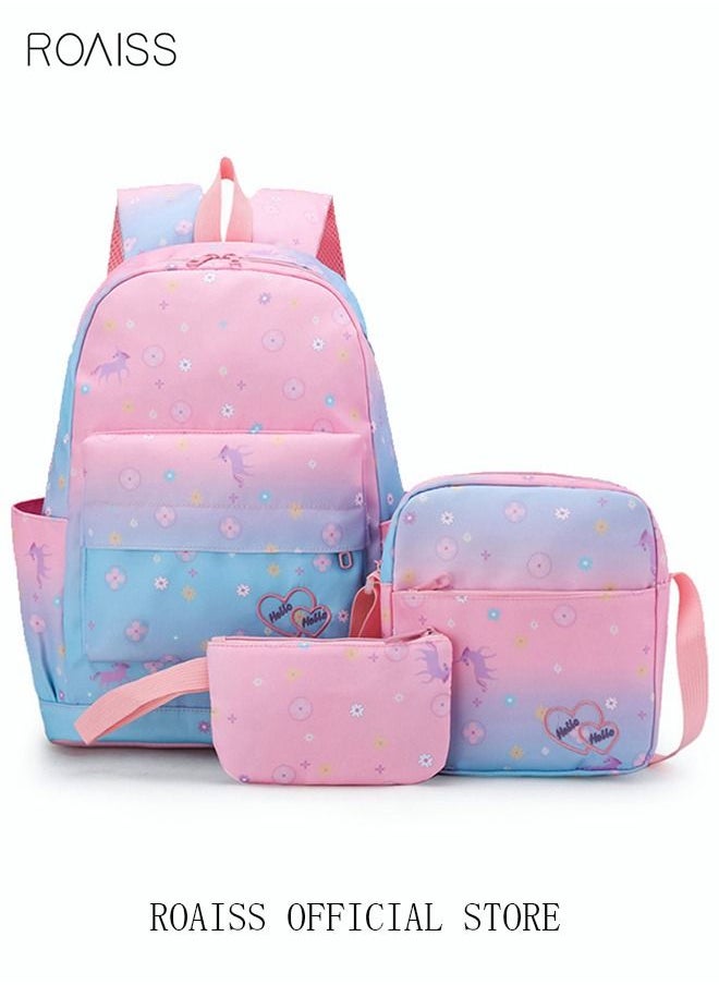 roaiss - 3PCS Children's Backpack Sets Printed Graphic Cute Student Backpack Set Functional Large Capacity School Bag Set for Kids Girls(Schoolbag+Shoulder Bag+Pencil Case)Blue Pink Fade Color - Image 1